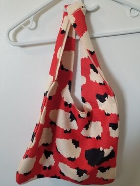 Red Patterned Sling Tote Bag with Cream and Black Accents
